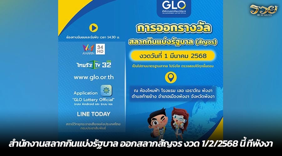 สำนักงานสลากกินแบ่งรัฐบาล ออกสลากสัญจร งวด 1/2/2568 นี้ ทีพังงา